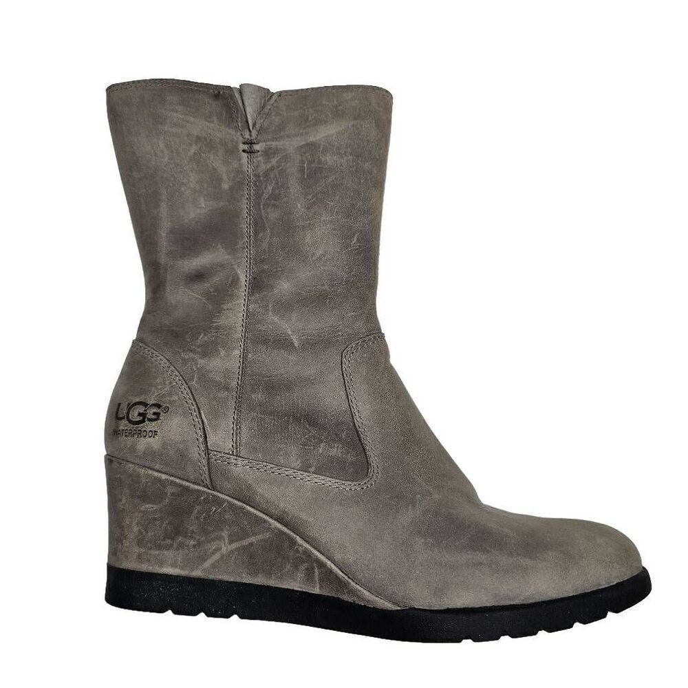 UGG Joely Wedge Boot 1012528 Gray Leather Zip Waterproof Lined Boots Size  7